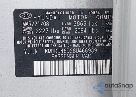 2008 Hyundai Elantra Gls/Se z USA, uszkodzony, nr VIN KMHDU46D28U466939